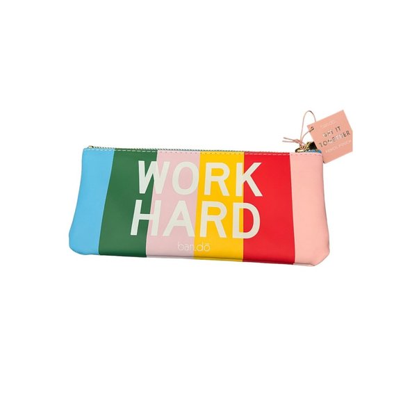 Ban.do Handbags - Ban.do Pencil Pouch Cosmetic Bag Work Hard Have Fun Rainbow Striped Pride NEW